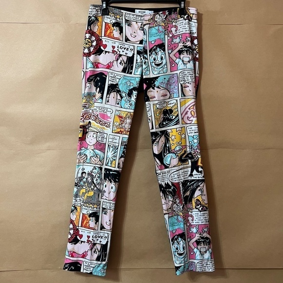 Moschino | Vintage 90s Comic Anime Manga Print Pants Trousers Size 8 - Picture 1 of 16